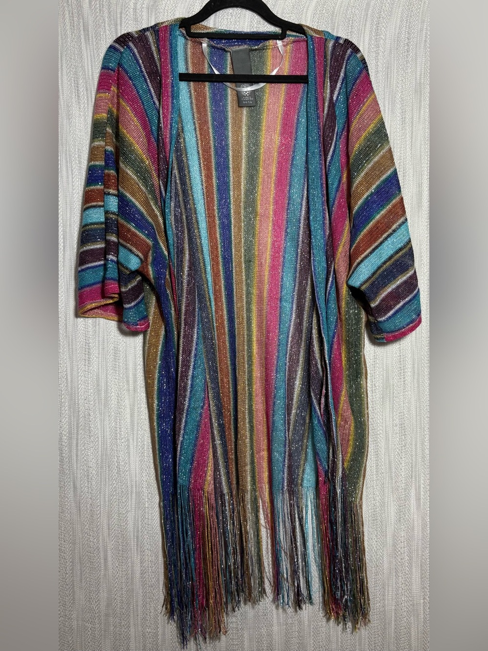 Vince Camuto Striped Metallic Fringe Open-Front Kimono in Teal Pink Gold